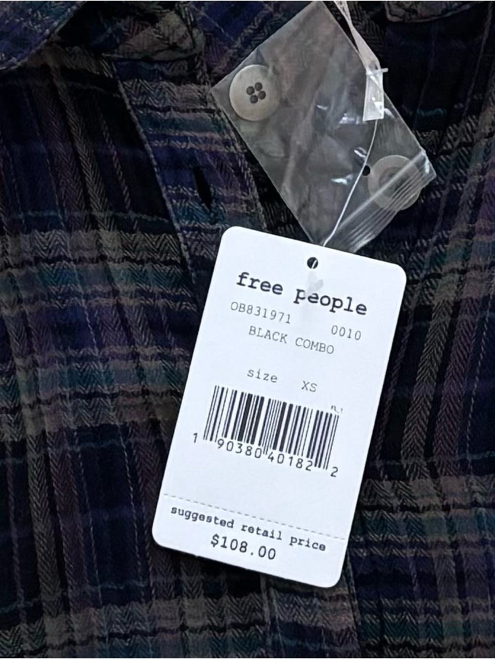 NWT Free People XS Plaid Flannel Blue Khaki Purple Button Front 100% Cotton Boho - Picture 6 of 7